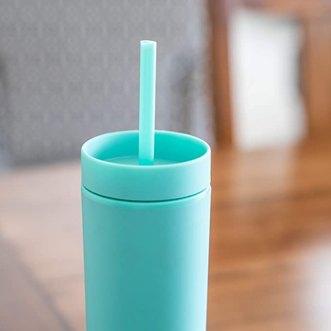 16oz Double-layer Plastic Straight Cup SKINNY Rubber Paint Tumbler / Straw 7