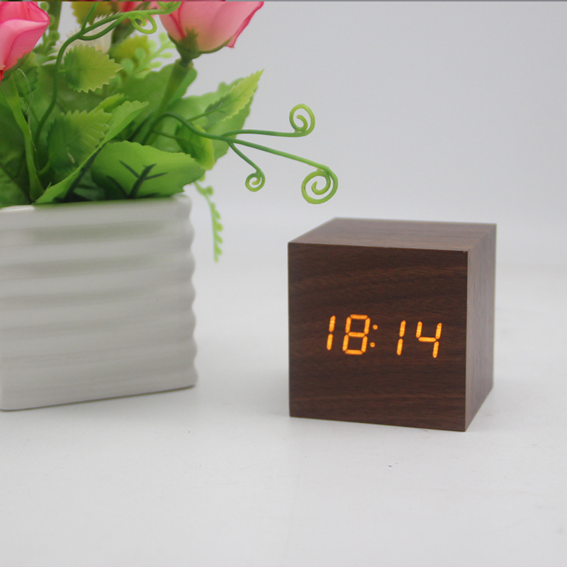 LED Light Wooden Cube Alarm Clock With USB 4