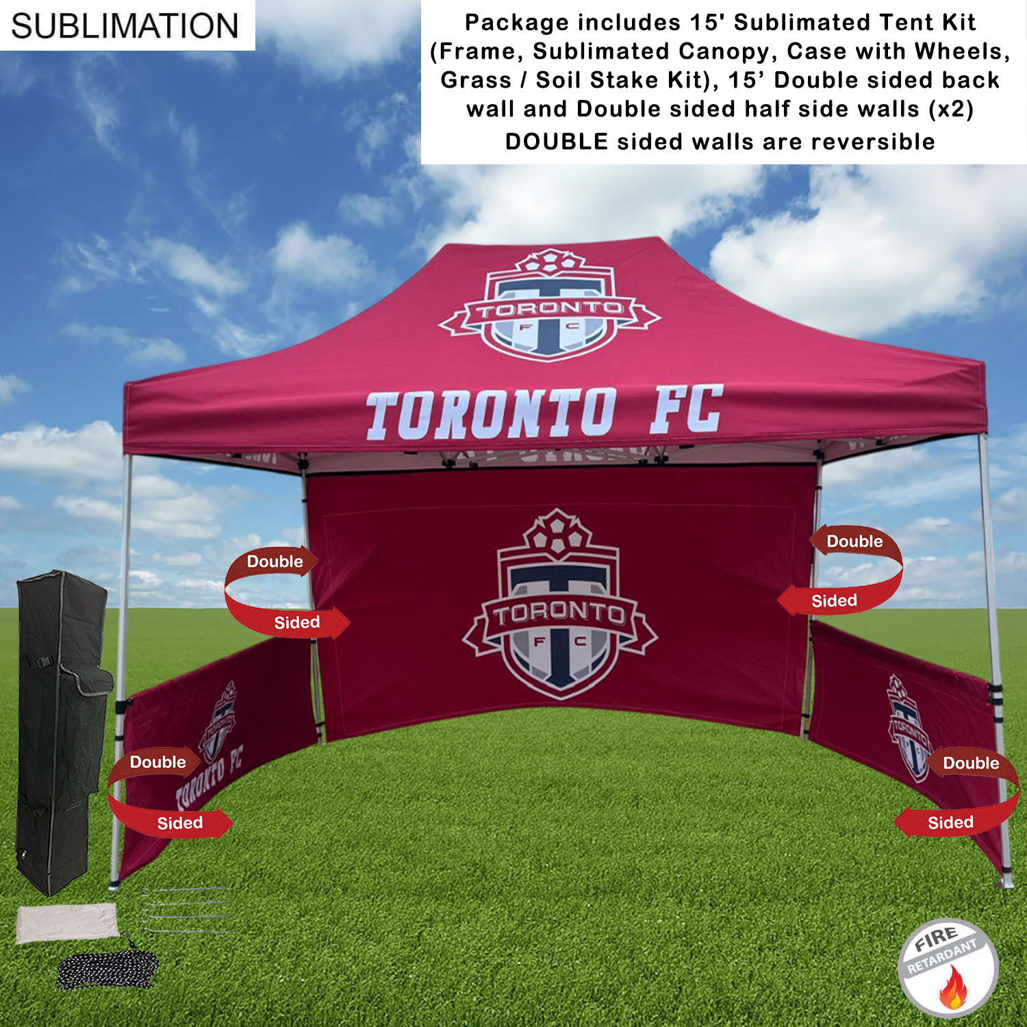 Full Tent Package, 15' Sublimated Tent, 15' DOUBLE sided backwall and 2 DOUBLE sided half sidewalls 14