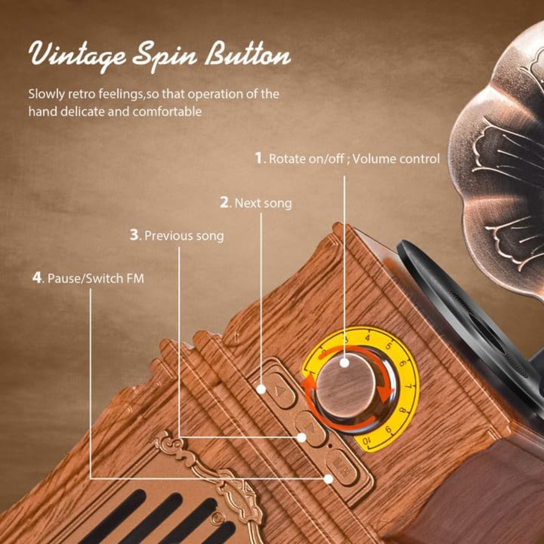 SonicWave Vintage Classic Gramophone Bluetooth Speaker with USB, TF Card & FM Radio 3