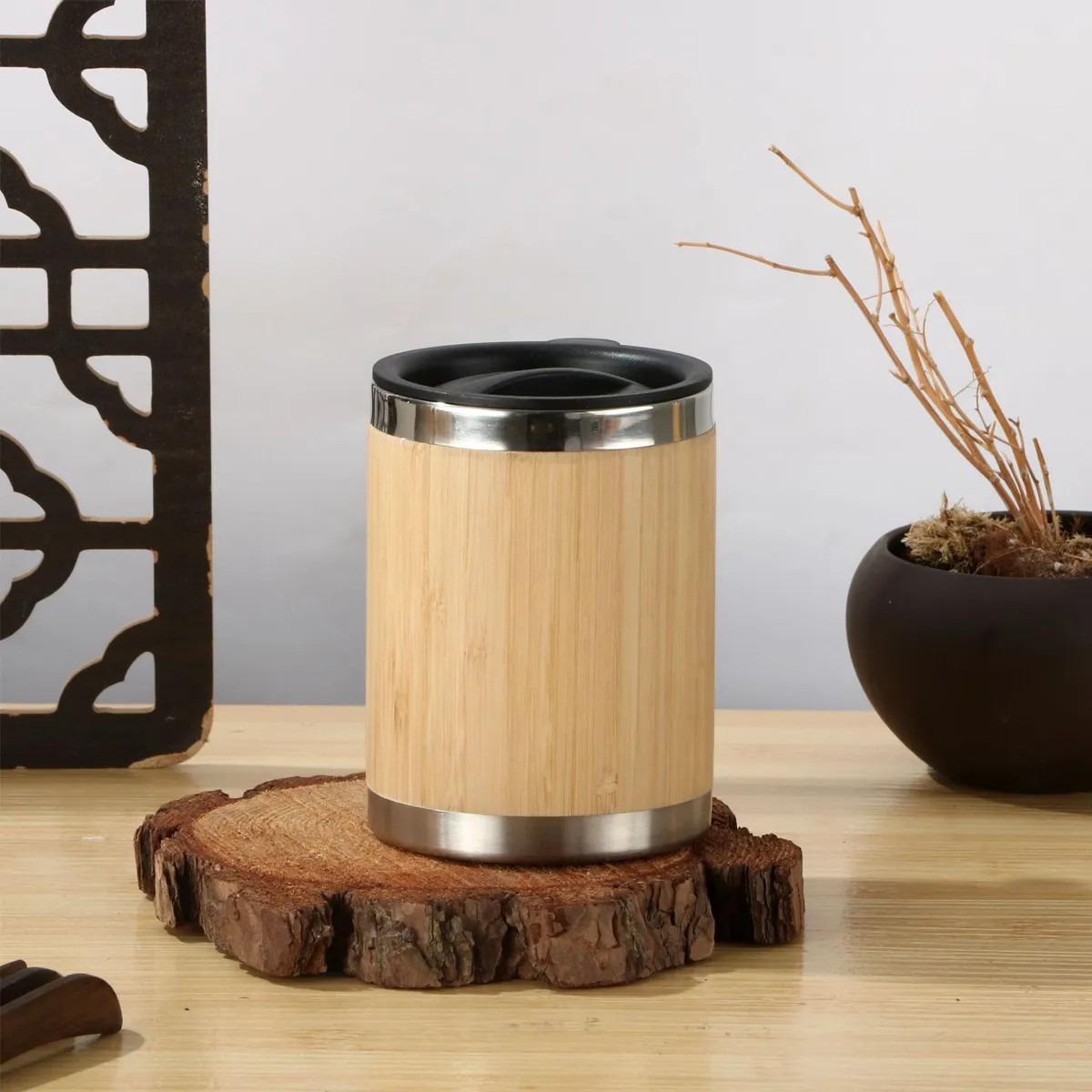 12OZ. Stainless Steel Bamboo Travel Mug with Handle and Lid 4