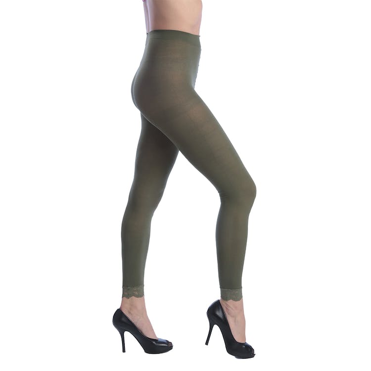 Women's Opaque Control Top Footless Lace Tights - Olive One Size Fits Most 2