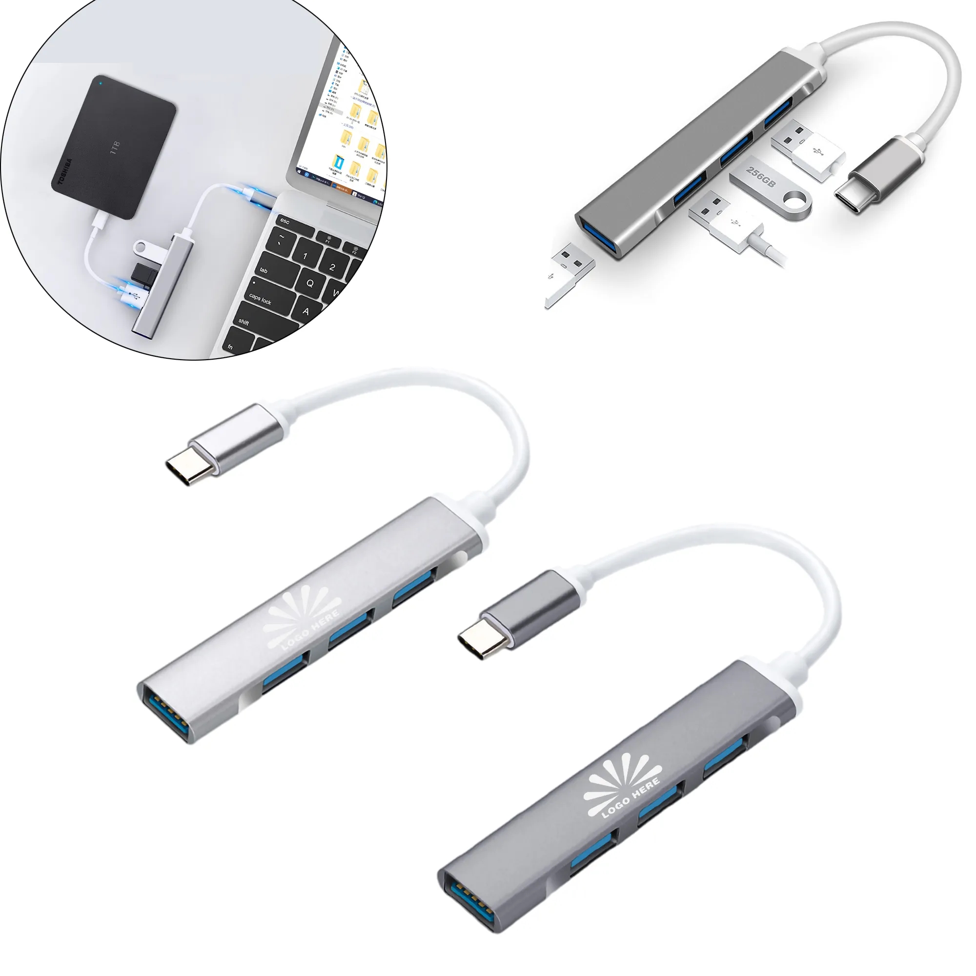 Extender Dock Adapter Type-C to 4-Port USB 3.0 Hub Aluminum 3