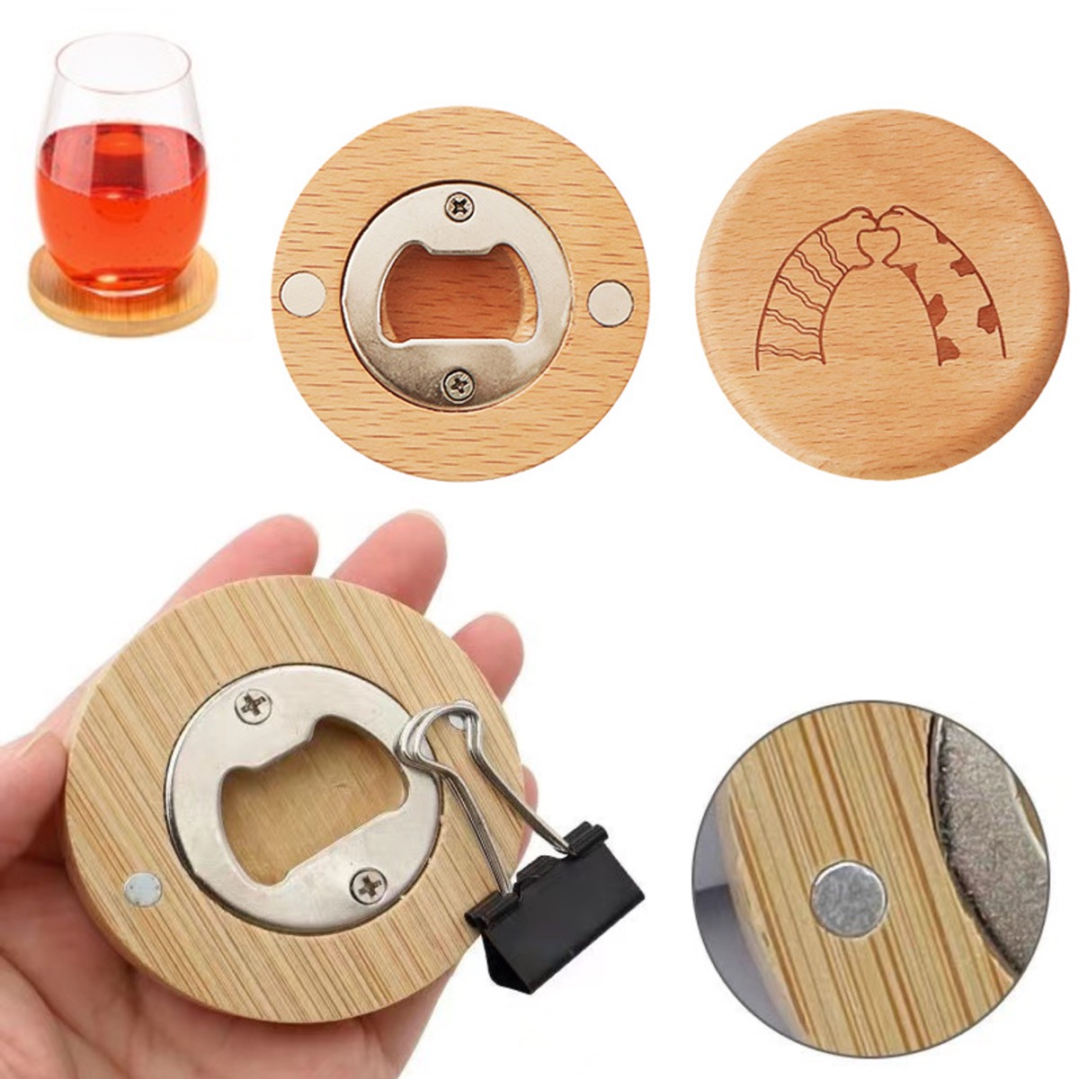 Wooden Fridge Magnet Beer Bottle Opener Bamboo Coaster 3