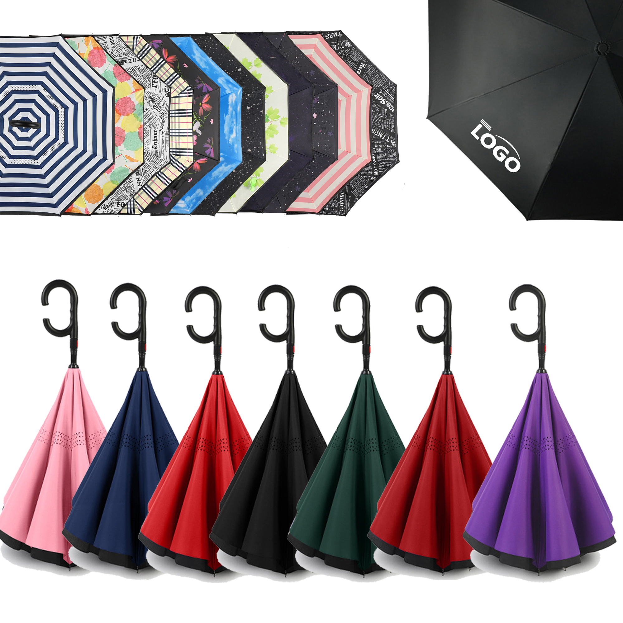 Handle Reverse Fold Umbrella Inverted Double Layer C-Shaped 2