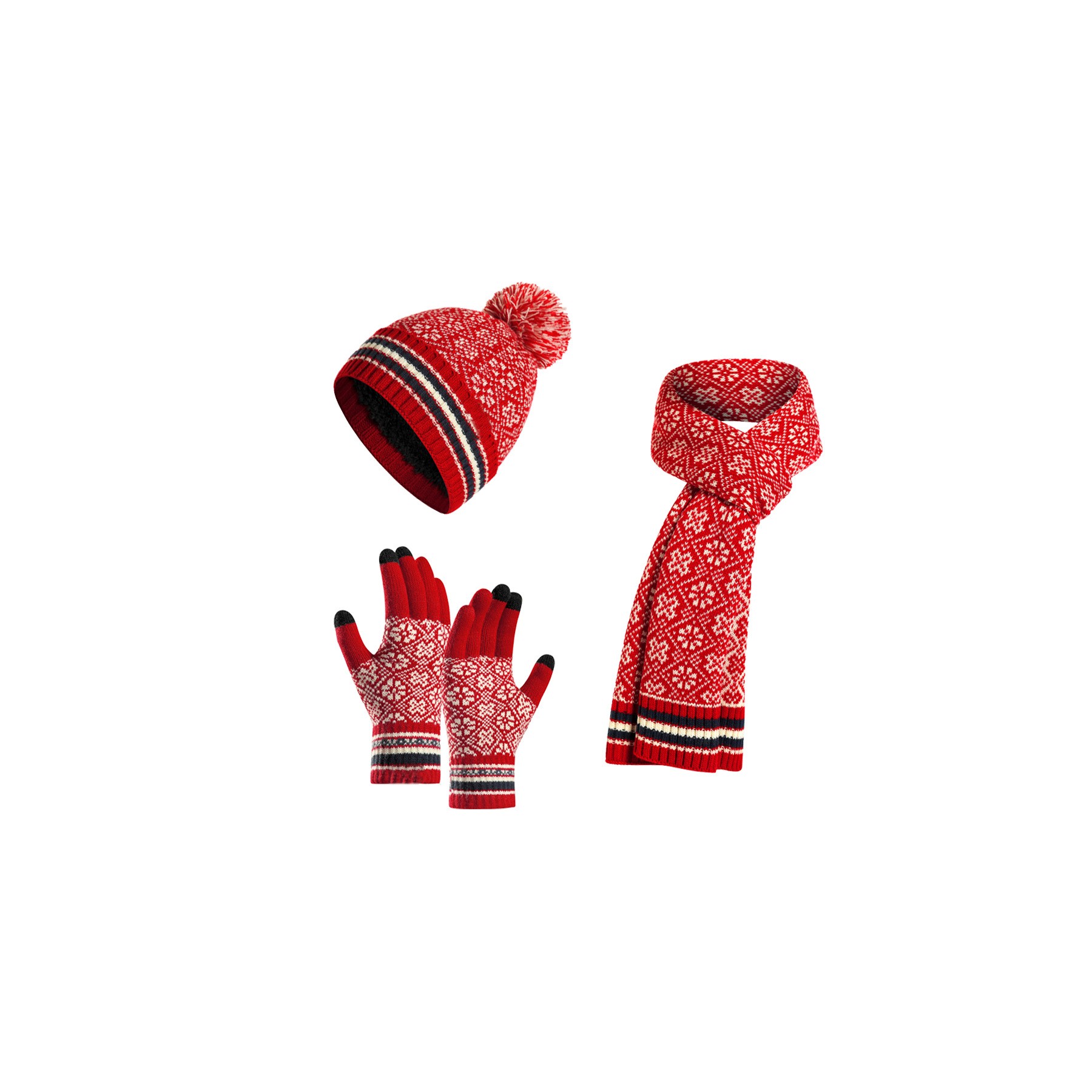 Winter Pom-pom Beanie Hat Scarf Touch Screen Gloves Set 4
