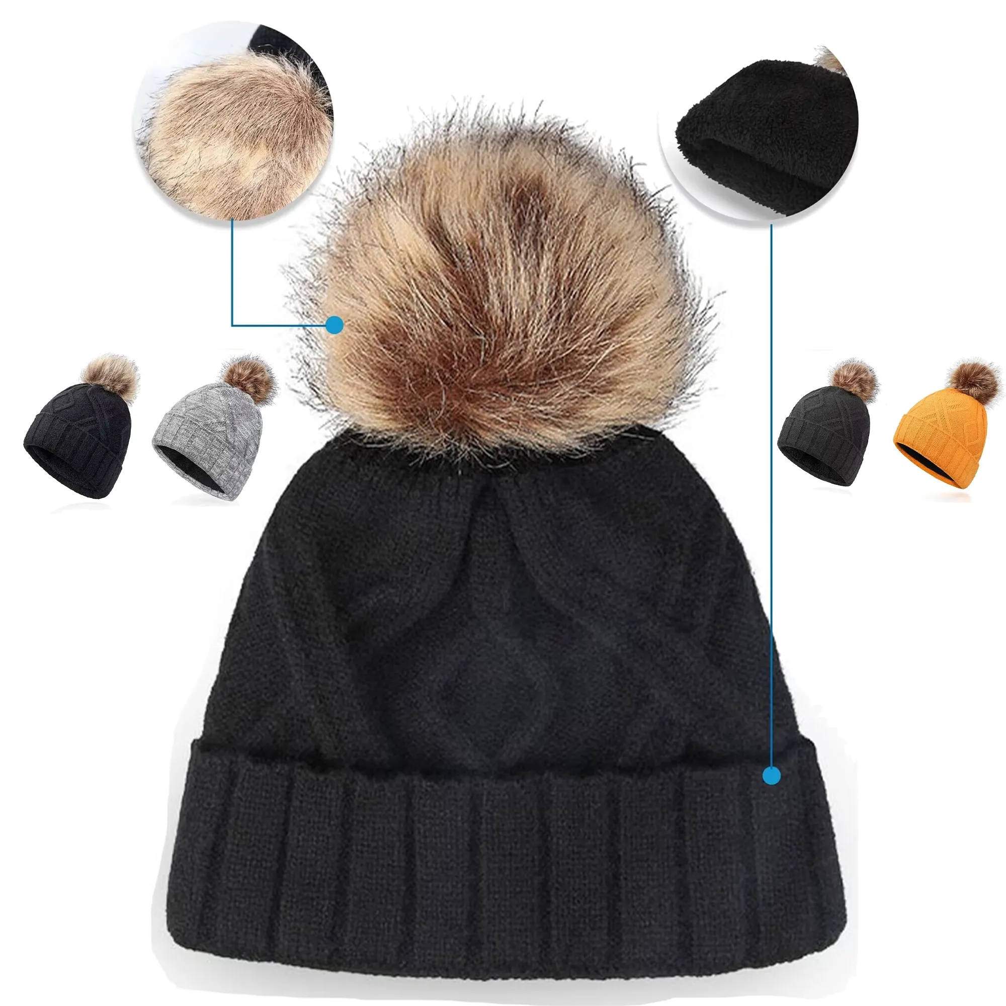Winter Knit Hat with Faux Fur Pom 2