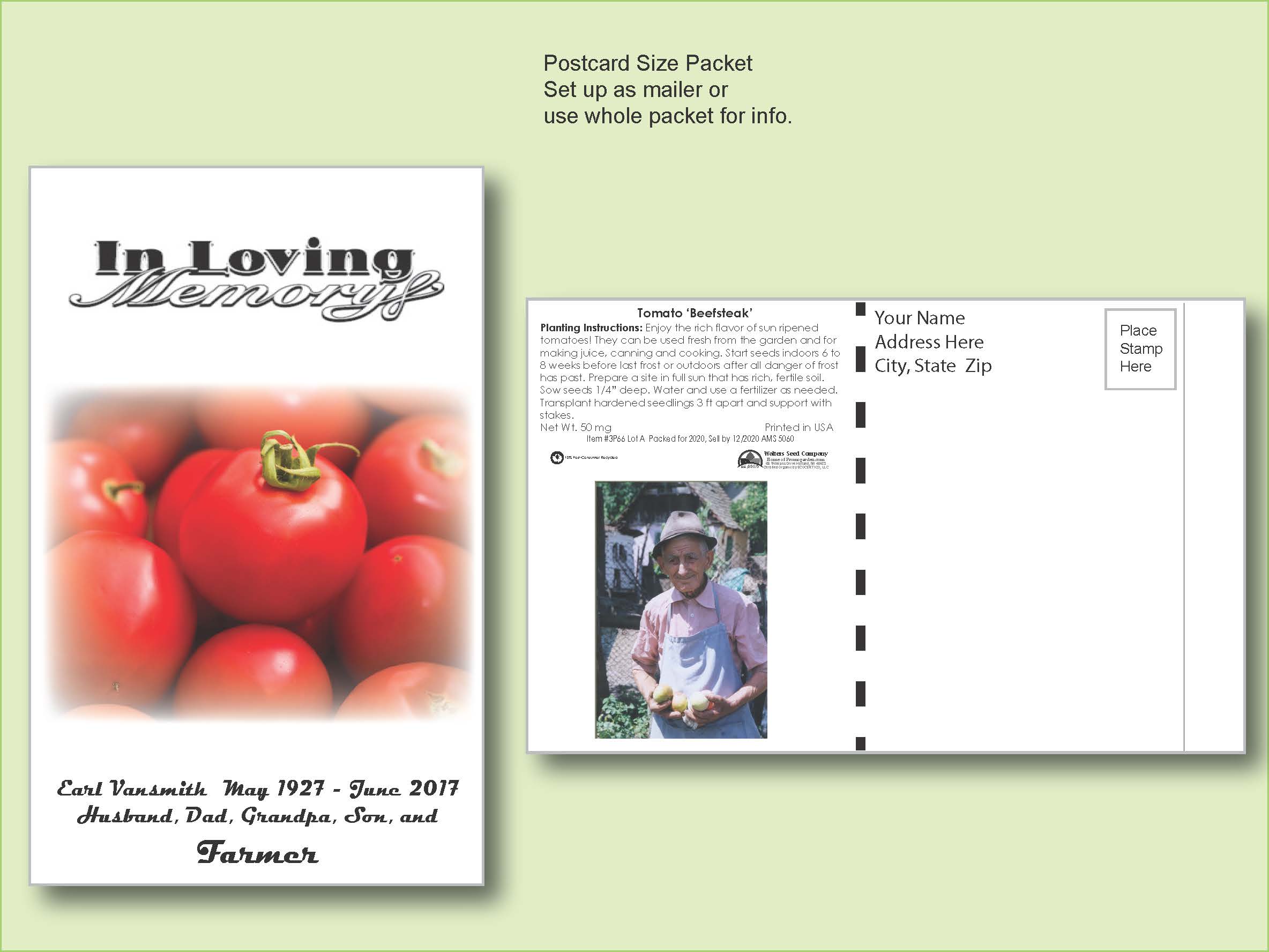 Tomato 'Beefsteak' Seed Packet - Postcard Mailer Size 4" x 6.5" 2