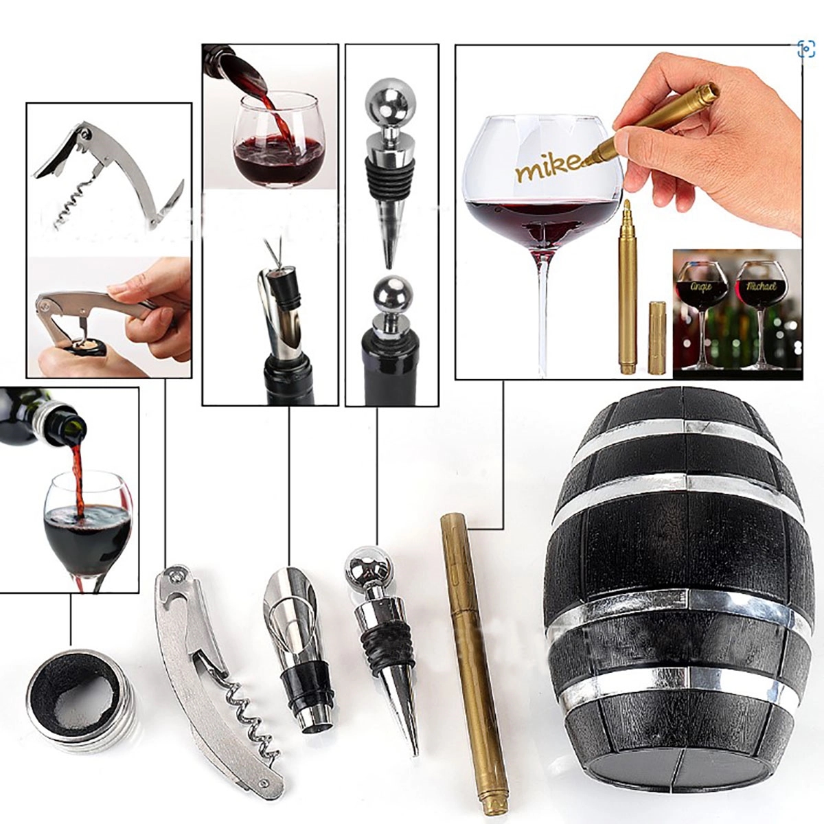 Unique Barrel Shape Wine Acc Gift Set 2