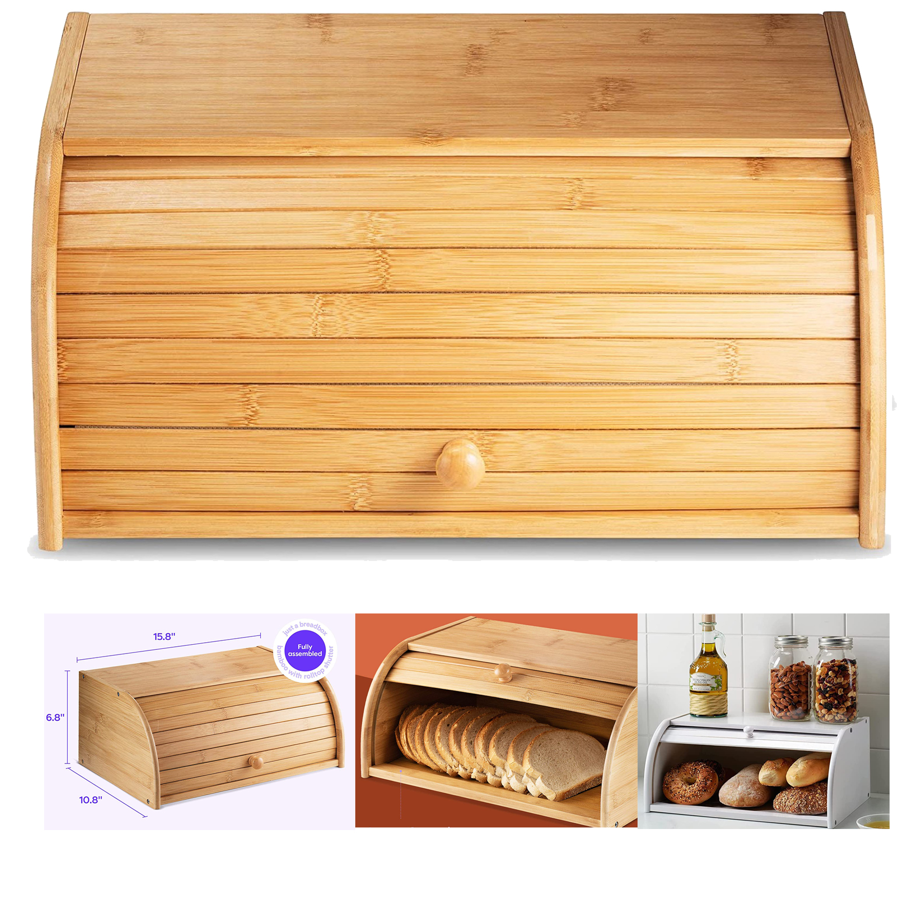 Large Natural Bamboo Roll Top Wood Bread Box