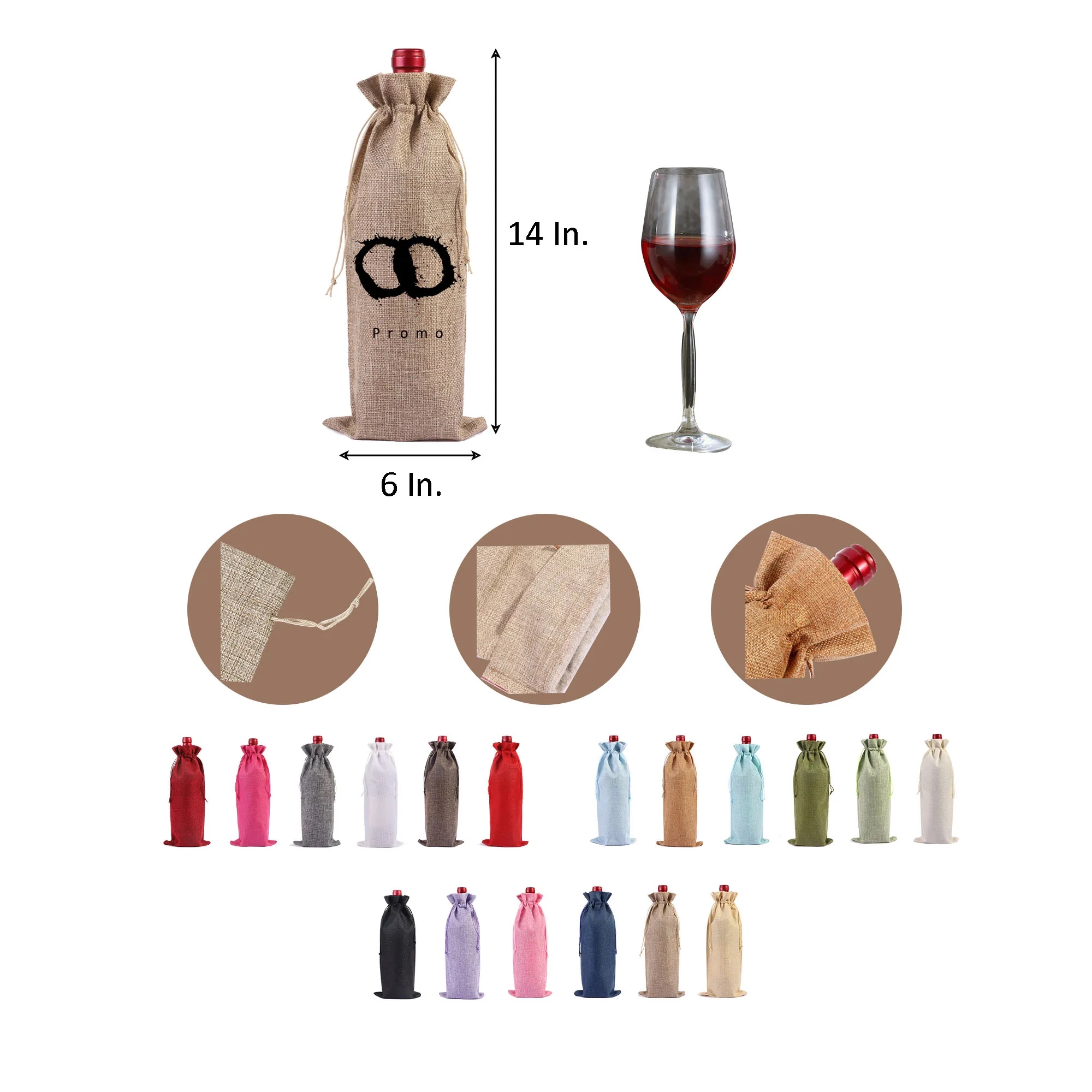 MOQ 20 Burlap Drawstring Wine Bottle Bag 14"L x 6"W