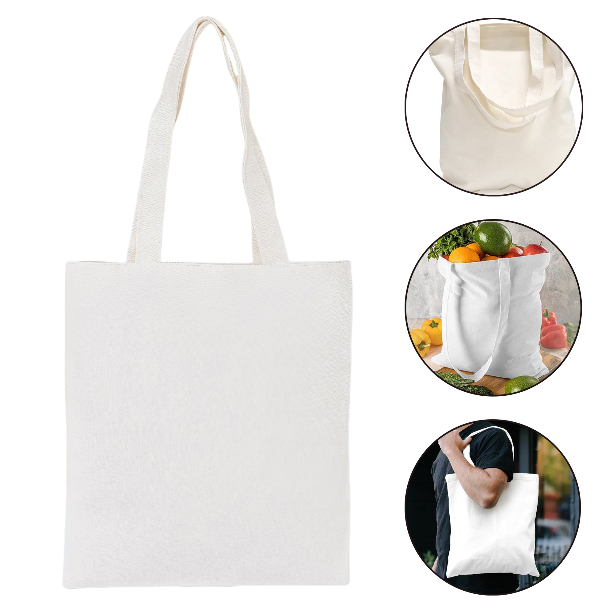 White Canvas Tote Bag Reusable Eco-Friendly Shopping Bag Large Durable Carry All Handbag 1