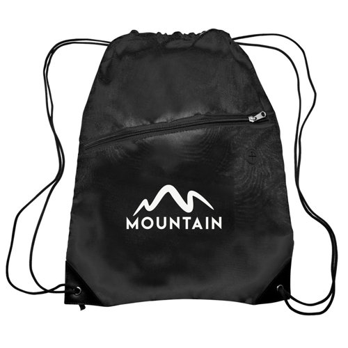 Polyester 210D Drawstring Bag w/ Zippered Pocket - 13.5"W x 1