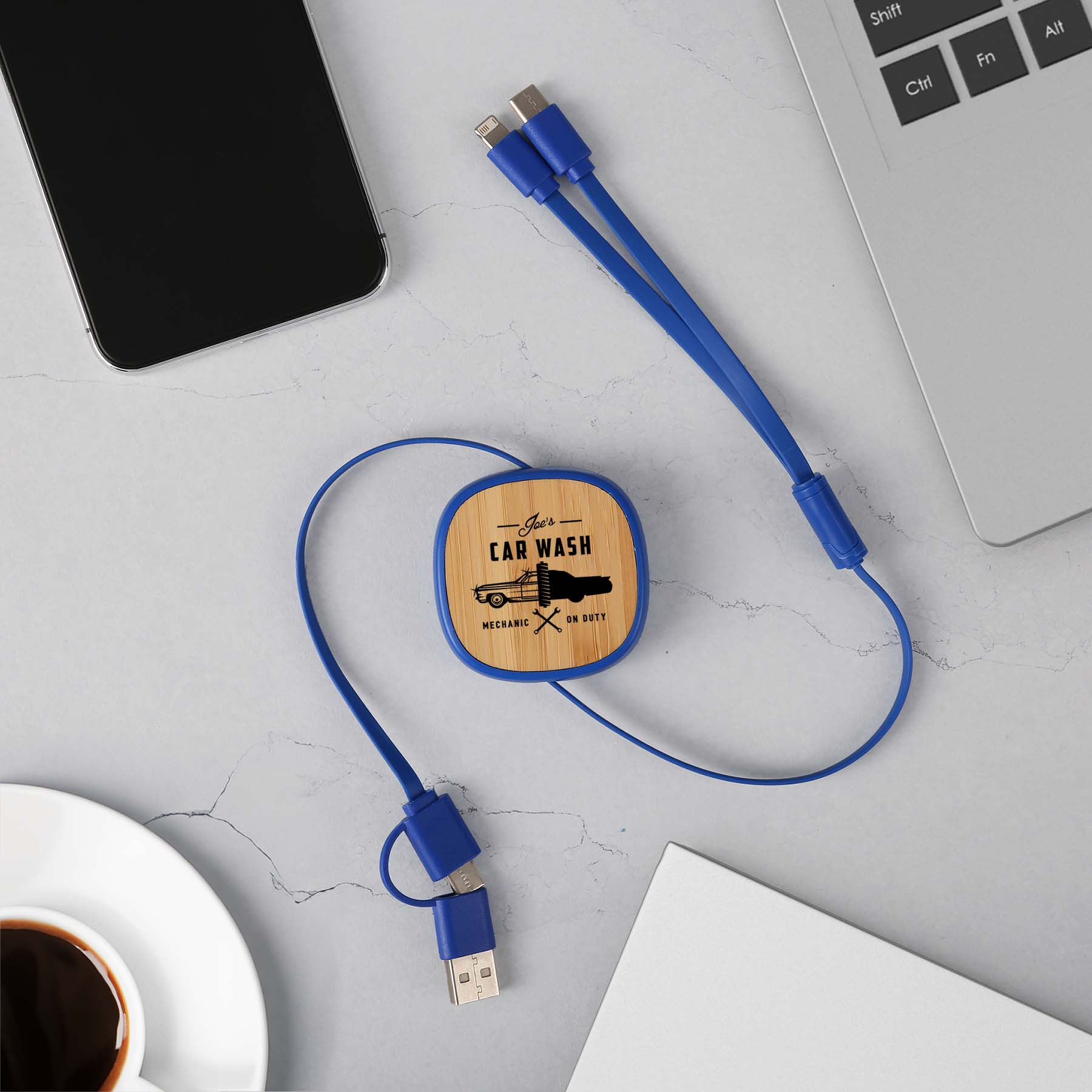 Dual Input 3-IN-1 Bamboo Retractable Cable