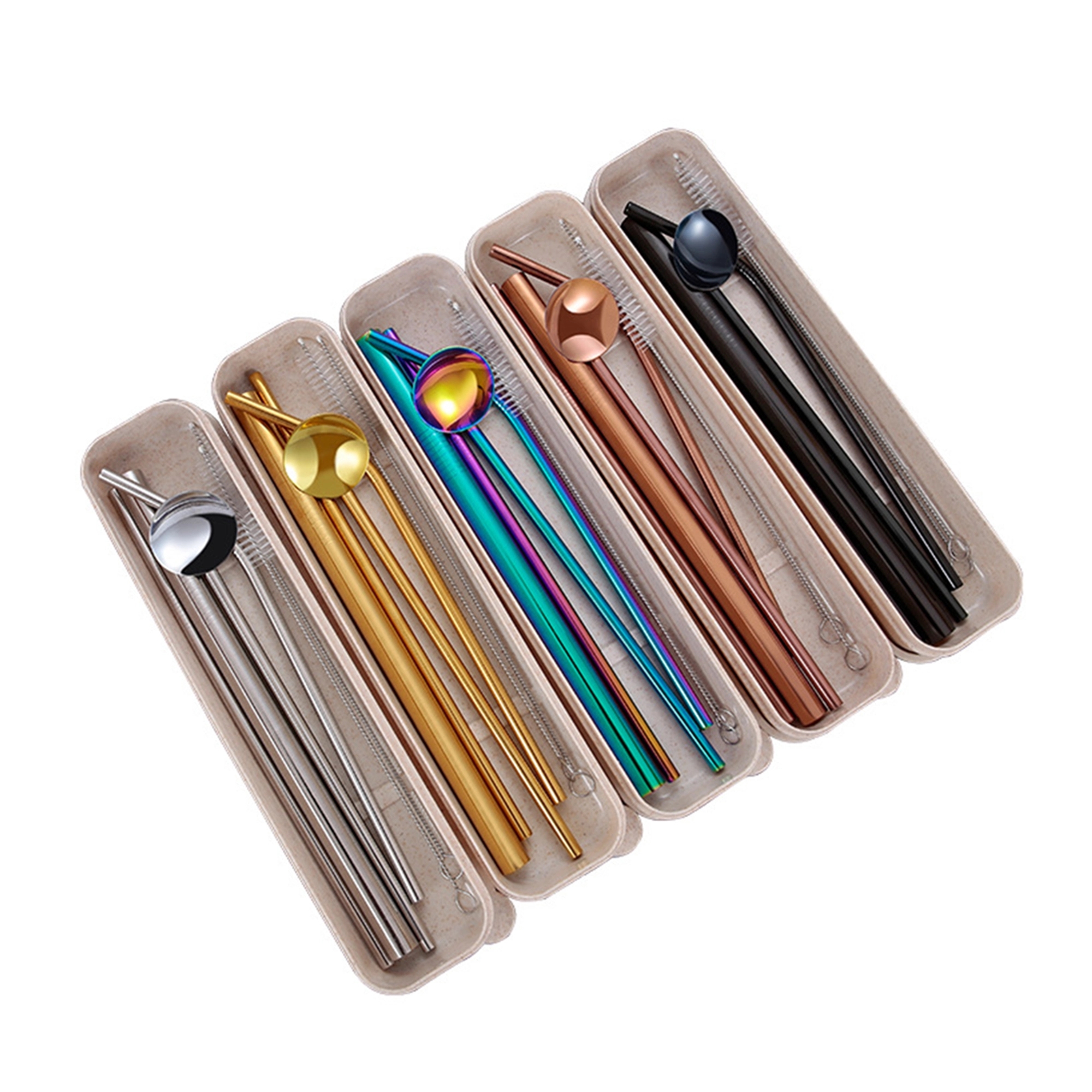 Silver Stainless Steel Straw Spoon Set 2