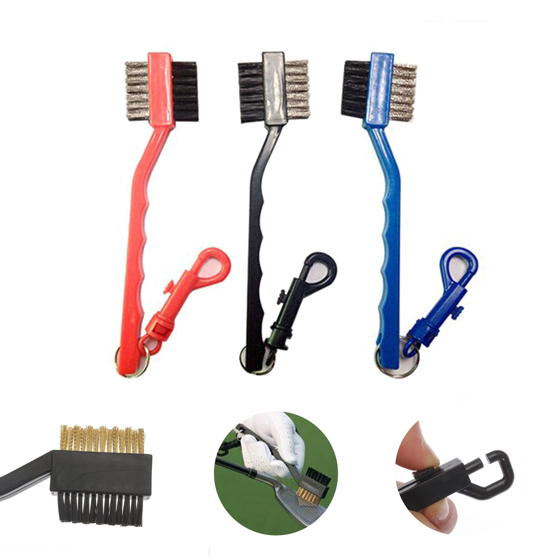 2 Sides Metal and Nylon Bristles PP Golf Brushes with Clip 1