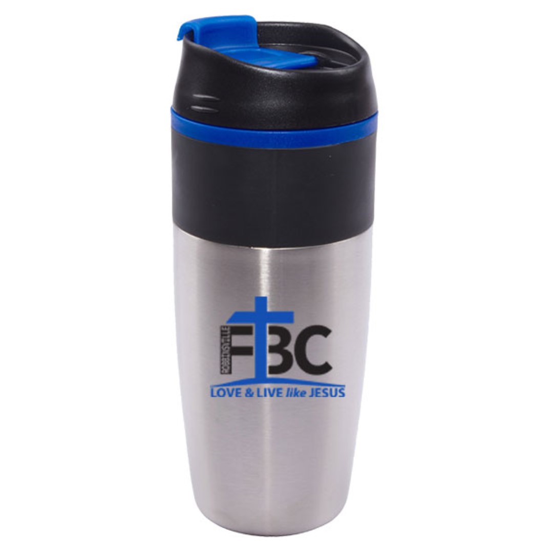16 oz Bandit Black Stainless Steel Travel Mug with Black Lid And Blue Accents