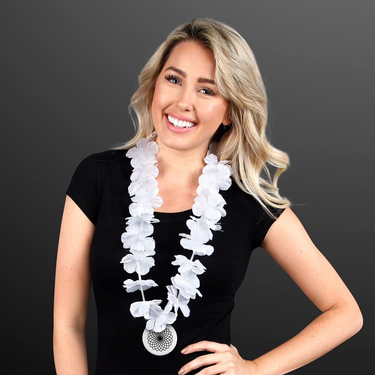 White Flower Lei Necklace with Medallion (Non-Light Up) 1