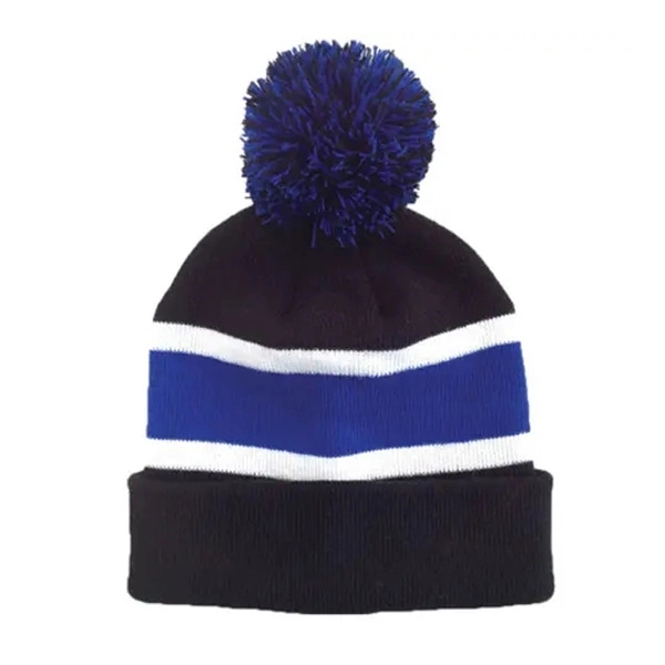 Three Tone Knit Beanie with Pom Ball 8