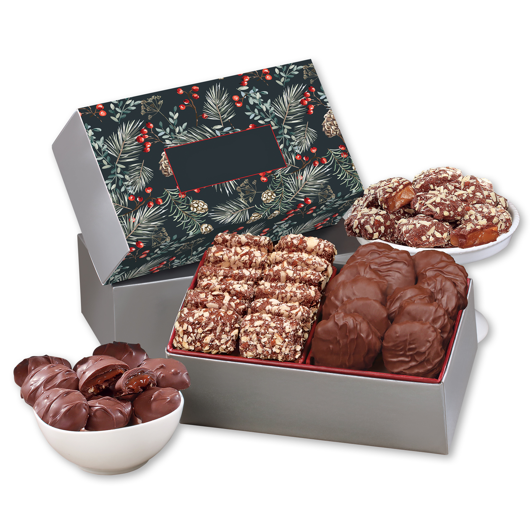 Toffee & Pecan Clusters in Gift Box with Pine Boughs & Berries Sleeve 1
