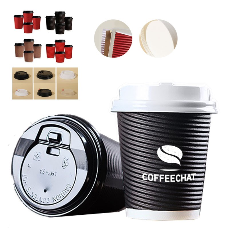 12oz Insulated Kraft Ripple Disposable Coffee Cups With Lids 2