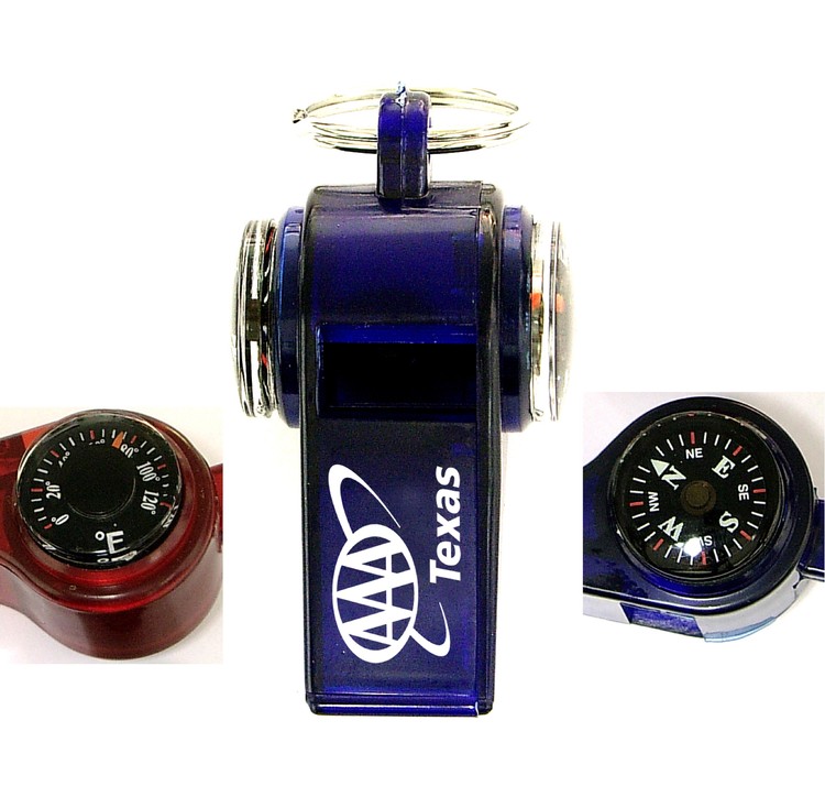 Whistle with compass thermometer and keychain.