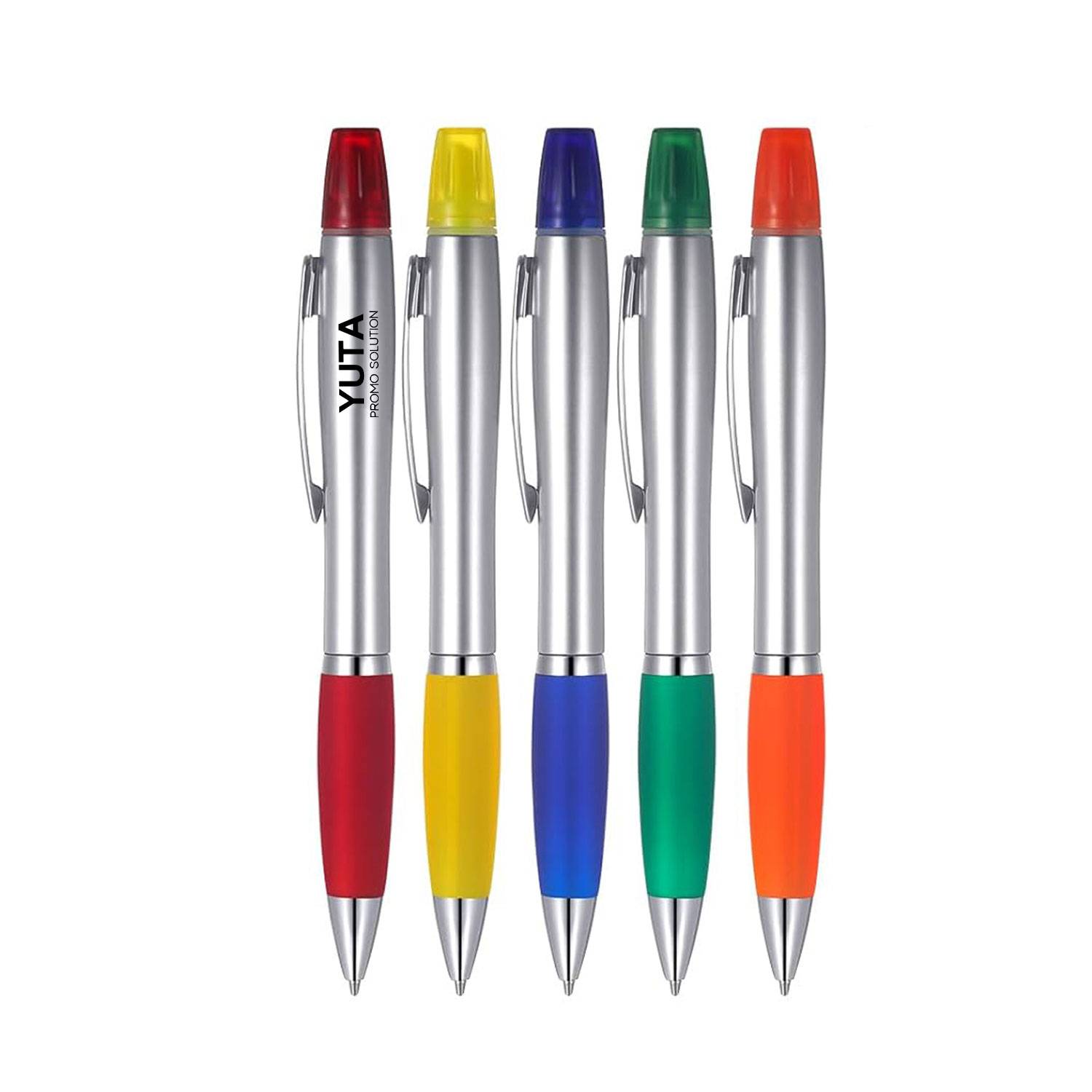Dual purpose ballpoint pen+highlighter pen