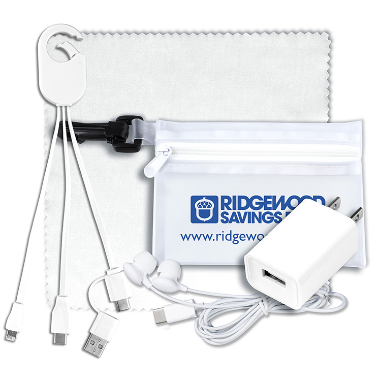 "Miramar" Mobile Tech Earbud and Charging Kit in Translucent Carabiner Zipper Pouch 4