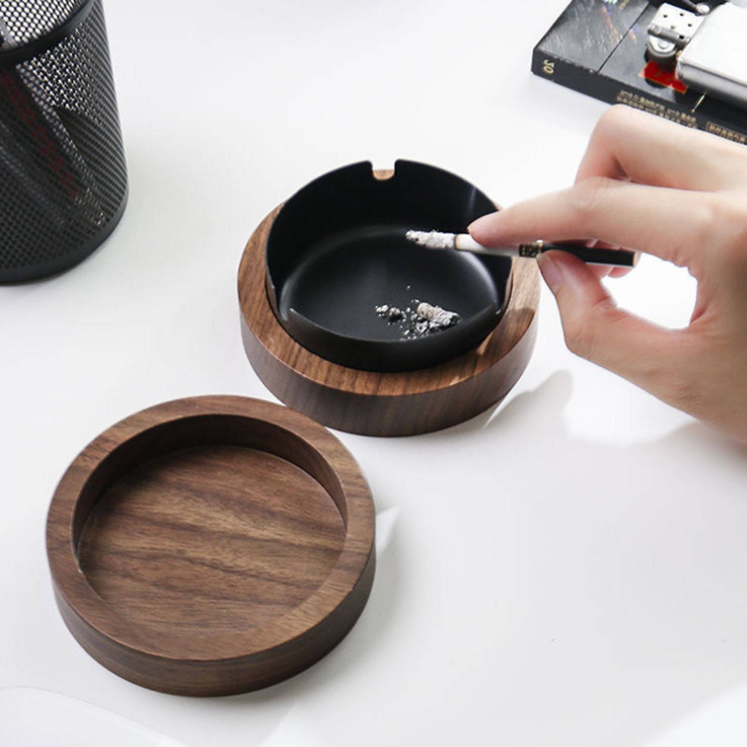 Wooden Round Windproof Ashtray w/ Lid 7