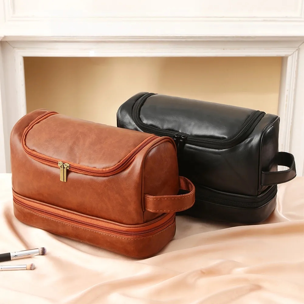 Leather Travel Cosmetic Organize Toiletry Bag with Handle 6