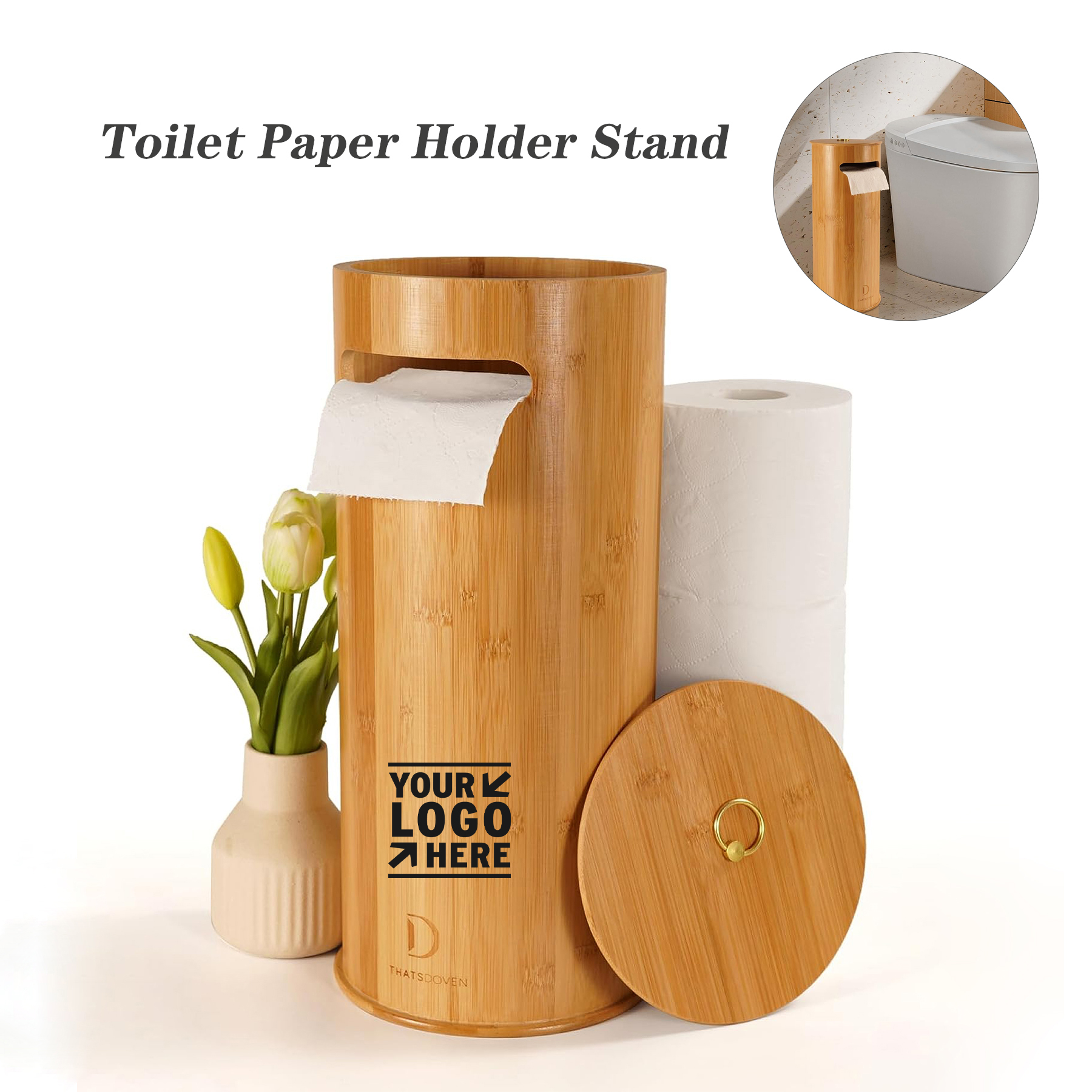 Compact 6.7x15.8 Inch Vertical Free-Standing OrganizerBamboo Toilet Paper Holder Stand