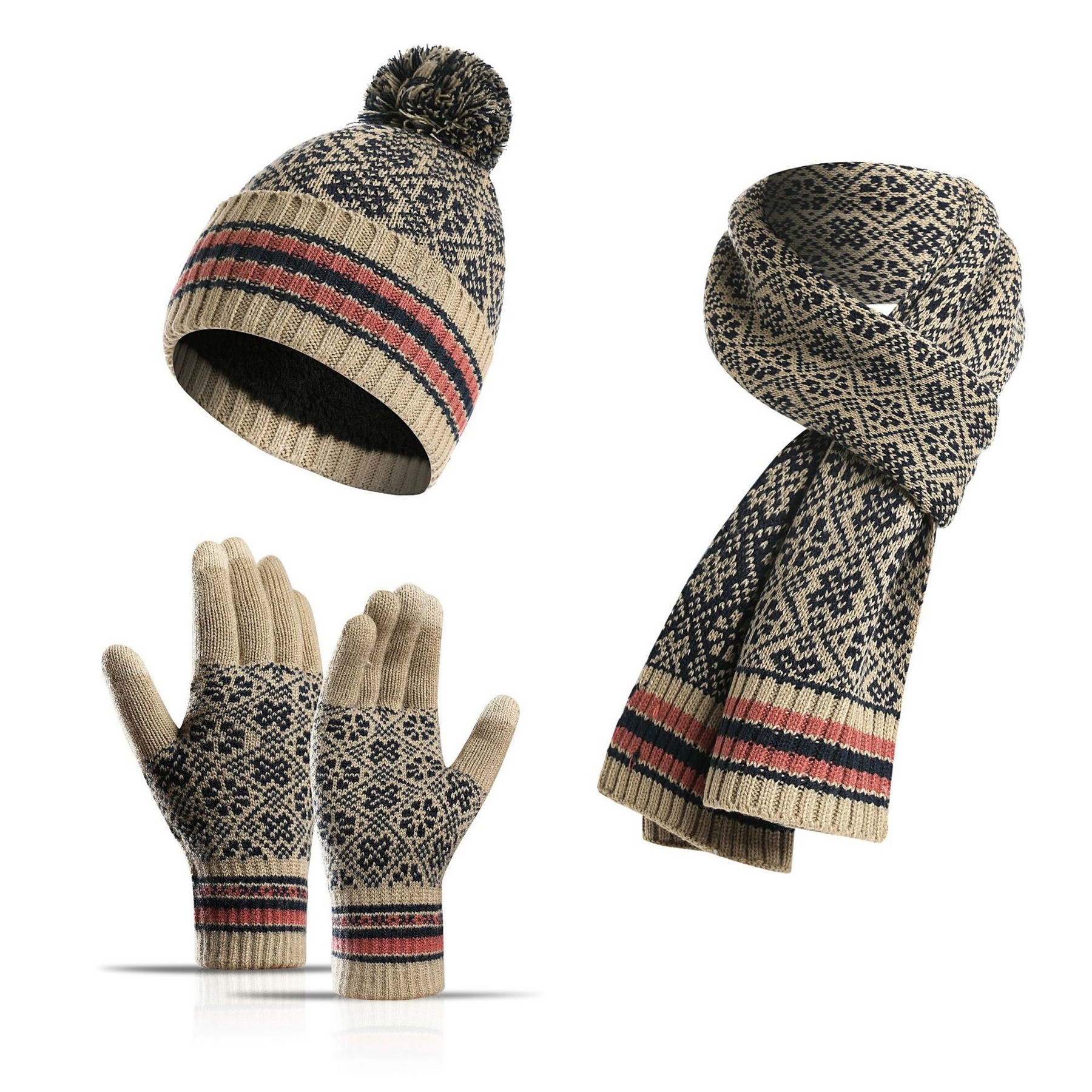 Winter Pom-pom Beanie Hat Scarf Touch Screen Gloves Set 2