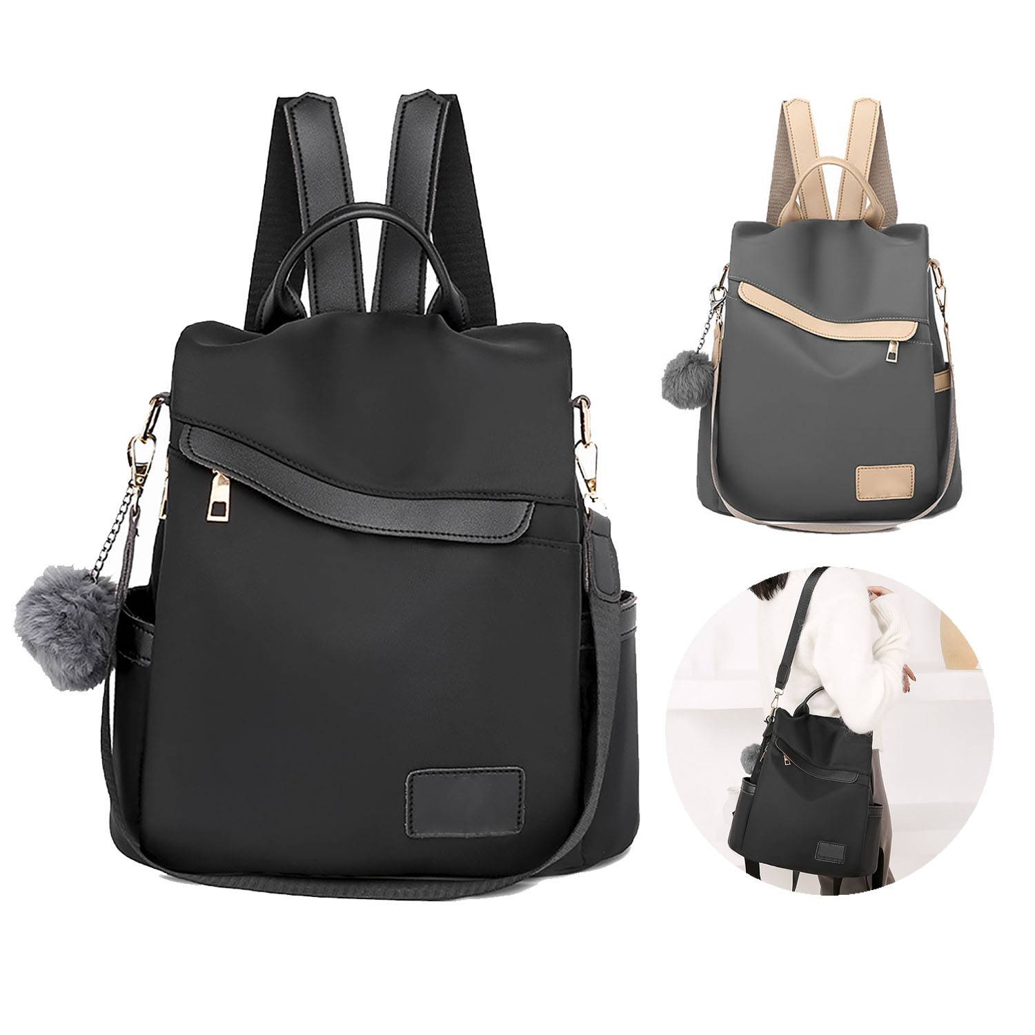 Nylon Waterproof Backpack w/ Plush Ball Pendant 5