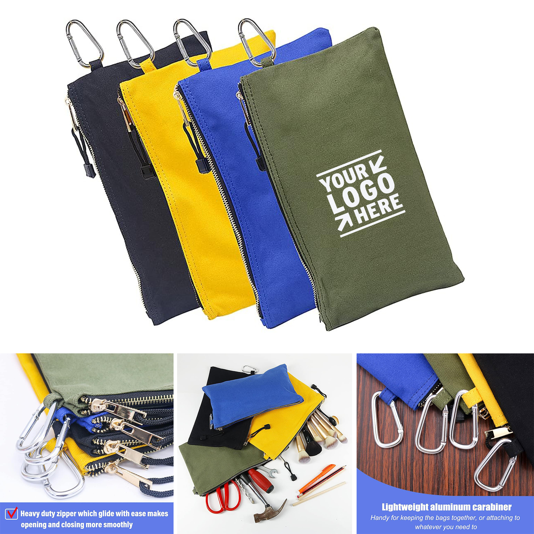 Canvas Zipper Pouch Heavy Duty Sturdy Utility Tool Bag with Tough Metal Carabiner 2
