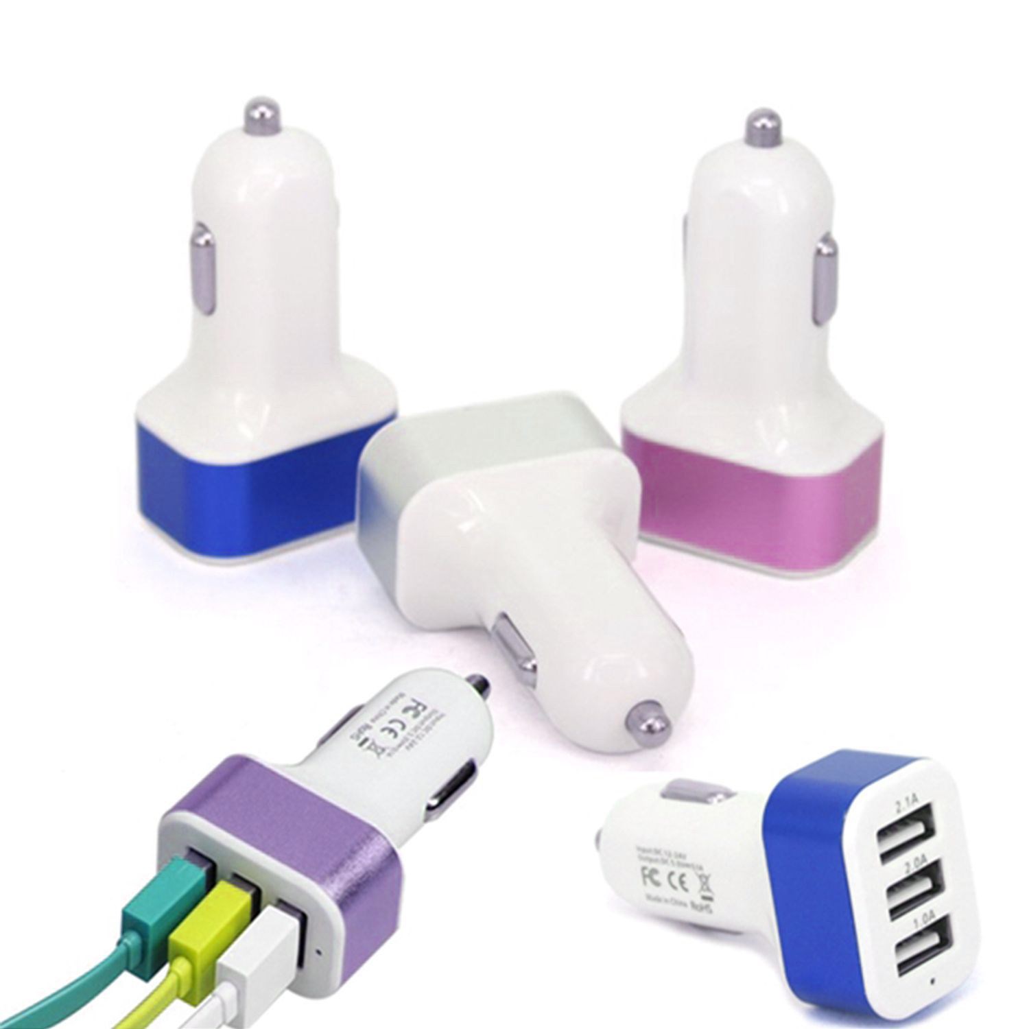 3-port USB car charger 1 Amp fast charging cable 2
