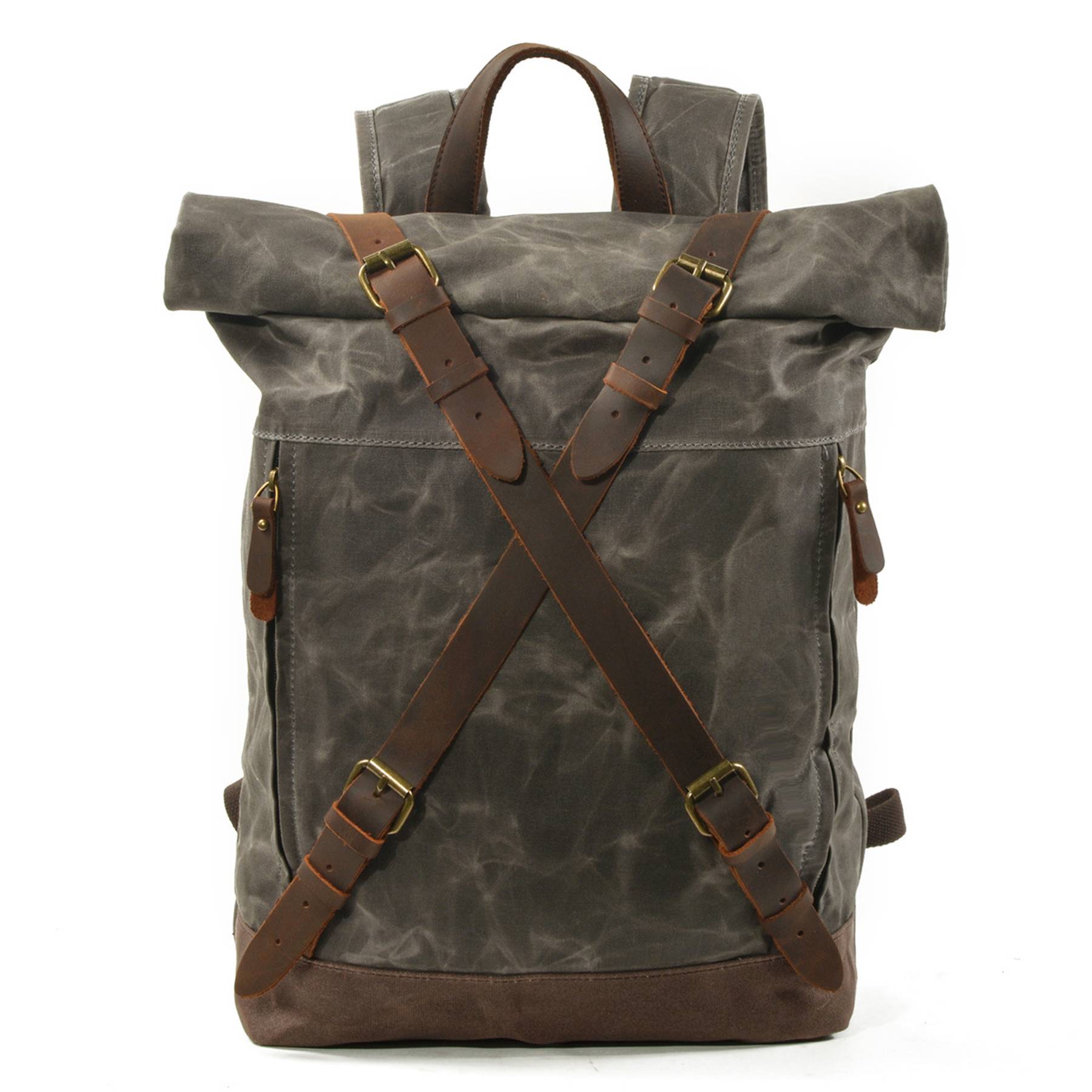 Vintage Canvas Leather Roll On Laptop Backpack Waterproof 5