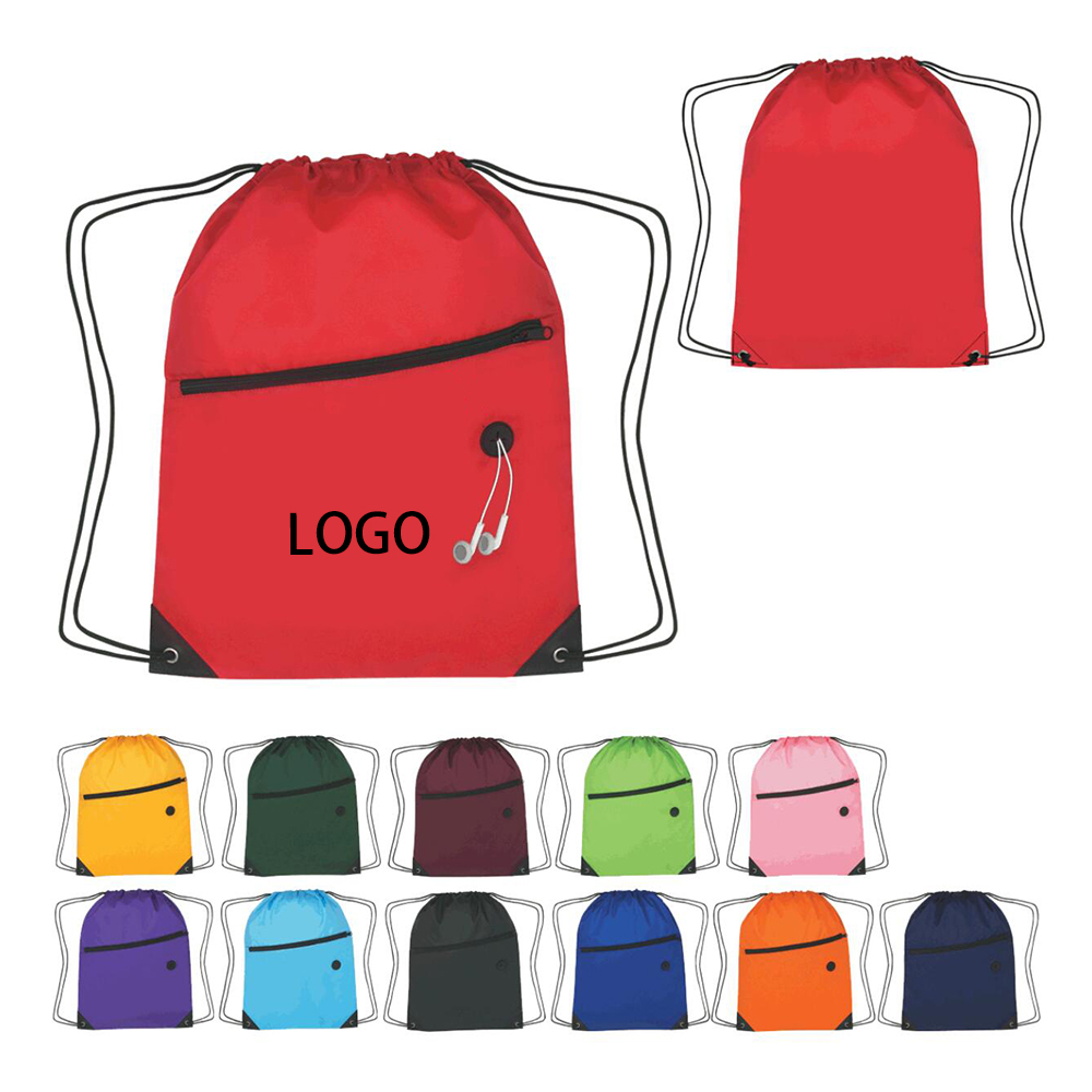Premium Front Zipper Pocket w/ Earphone Outlet Drawstring Backpack 1