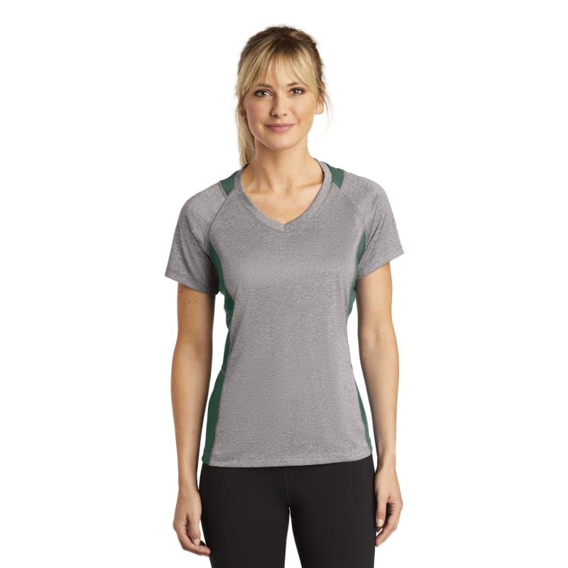 Sport-Tek Women's Heather Colorblock Contender V-Neck Tee. 50