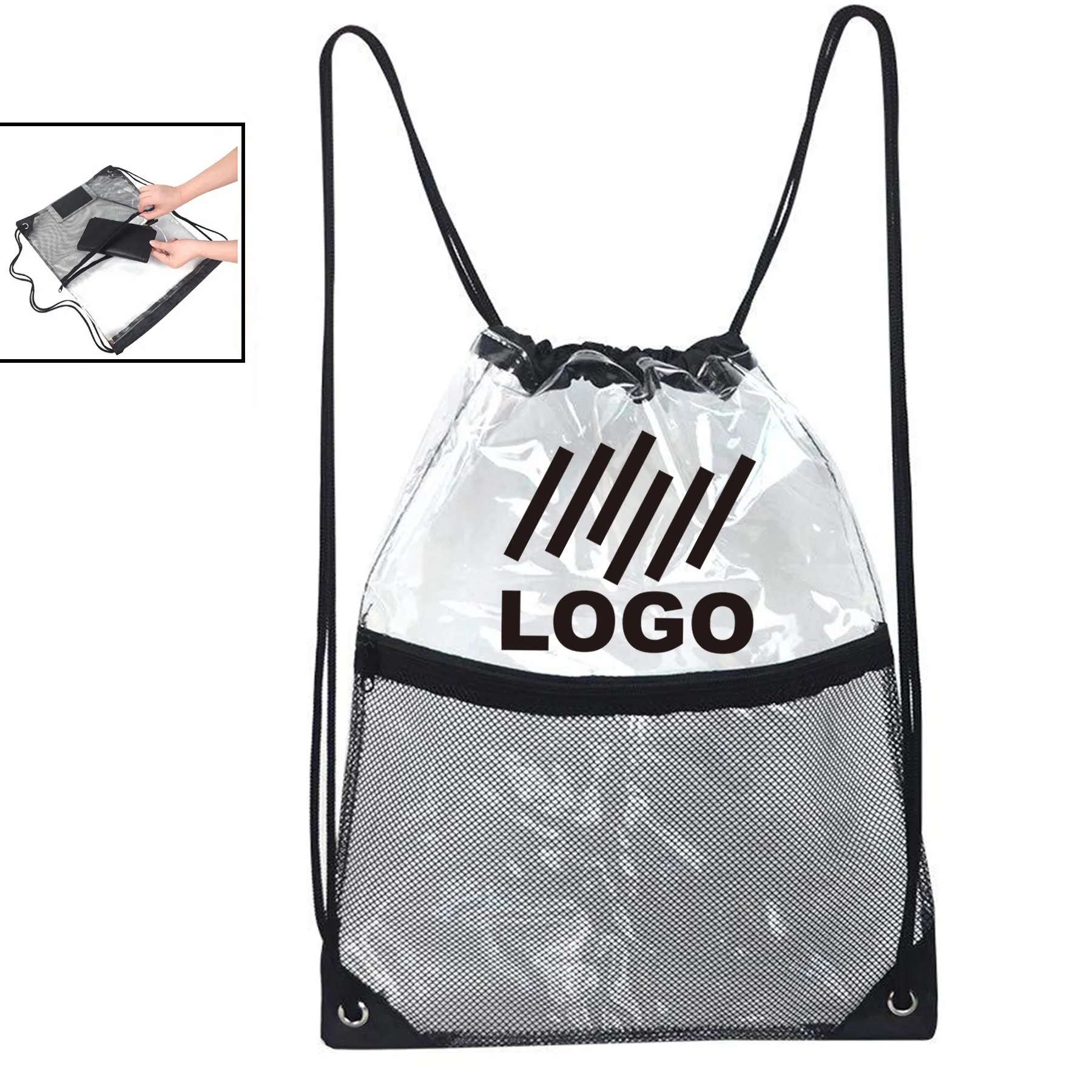 Clear PVC Drawstring Cinch Sack Backpack With Front Zipper 5
