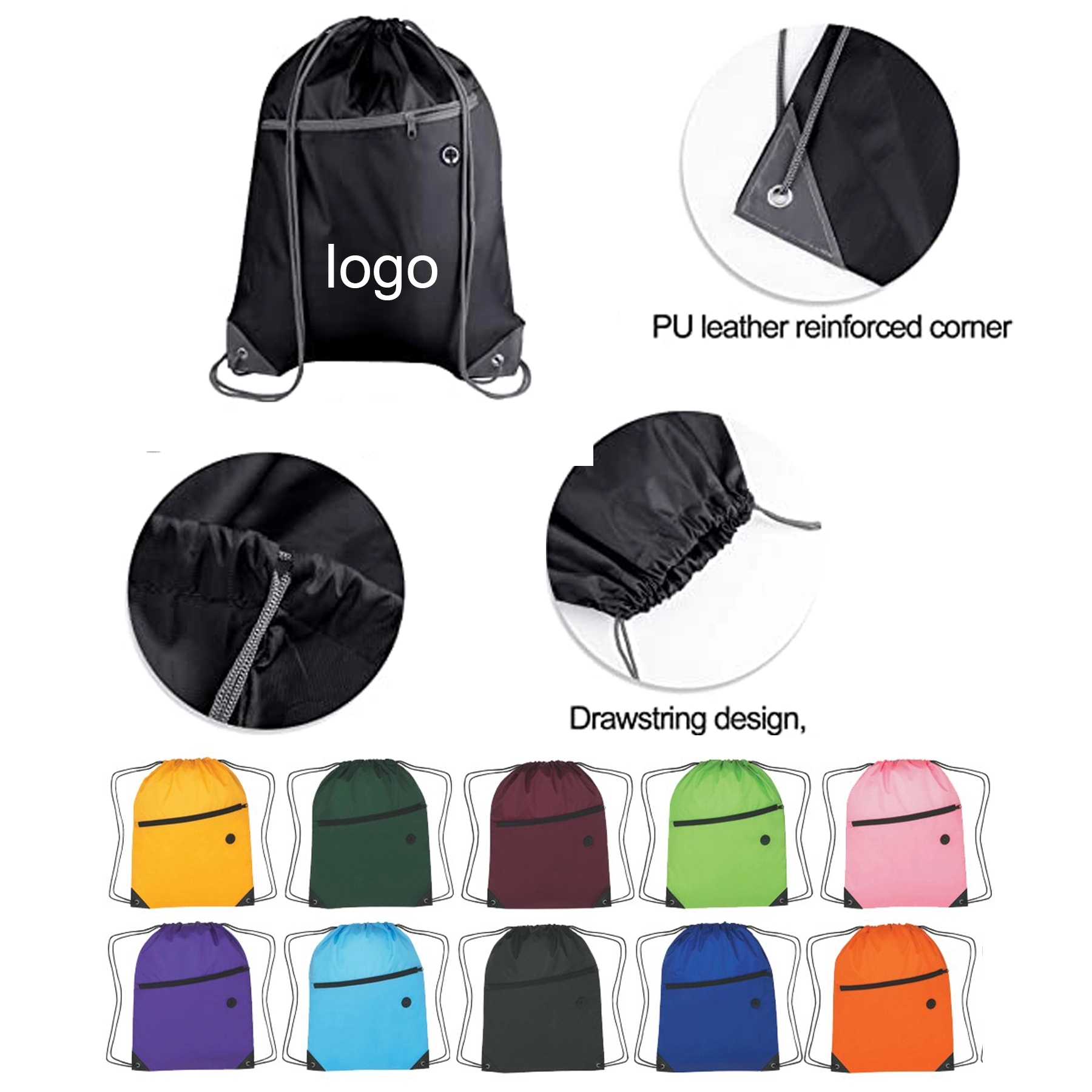 Polyester Drawstring Pack W/ Zipper Pocket and Headphone Hol 2