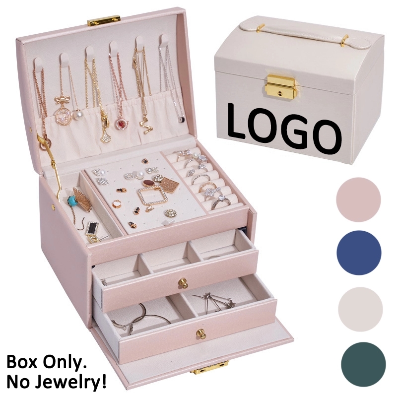 Custom 3-Layer PU Jewelry Organizer Box with Drawer & Handle 12