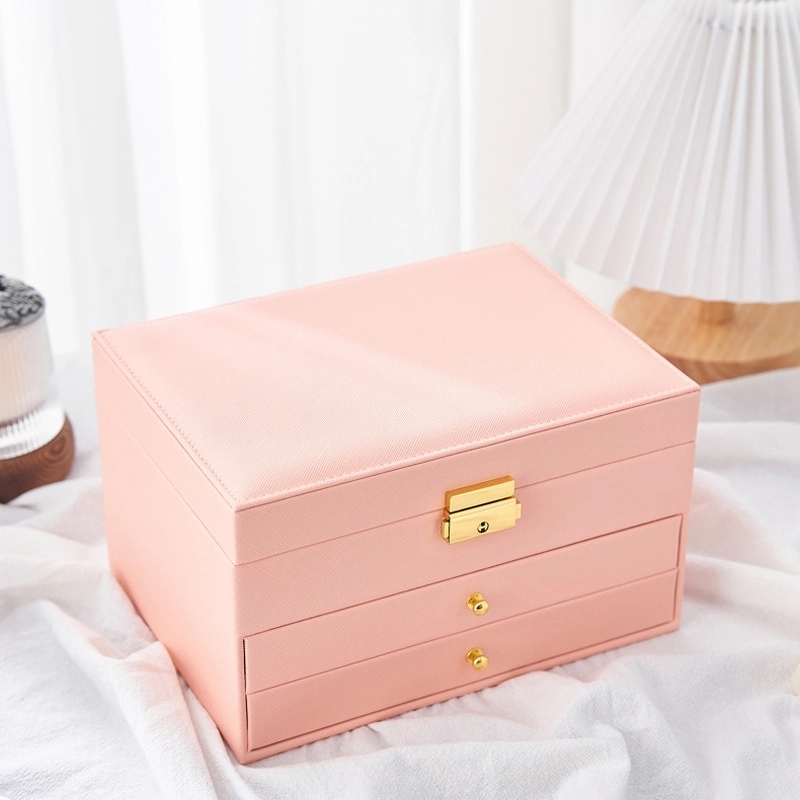 Custom 3-Layer PU Jewelry Organizer Box with Drawer & Mirror 18