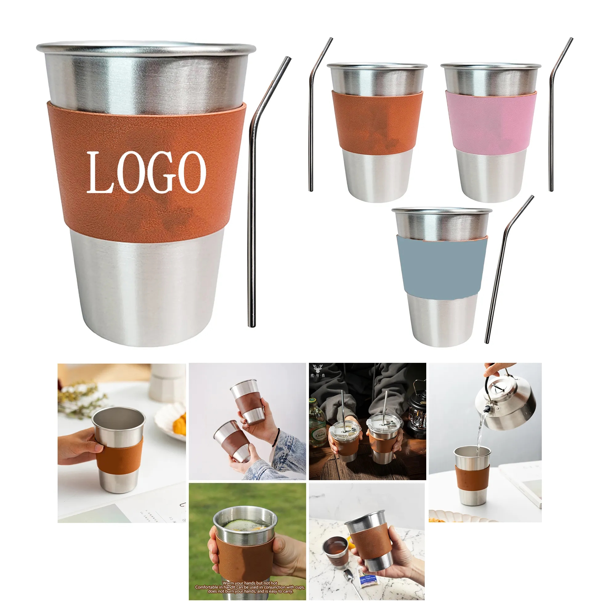 Outdoor Camping 304 Stainless Steel Water Cup with Leather C 10