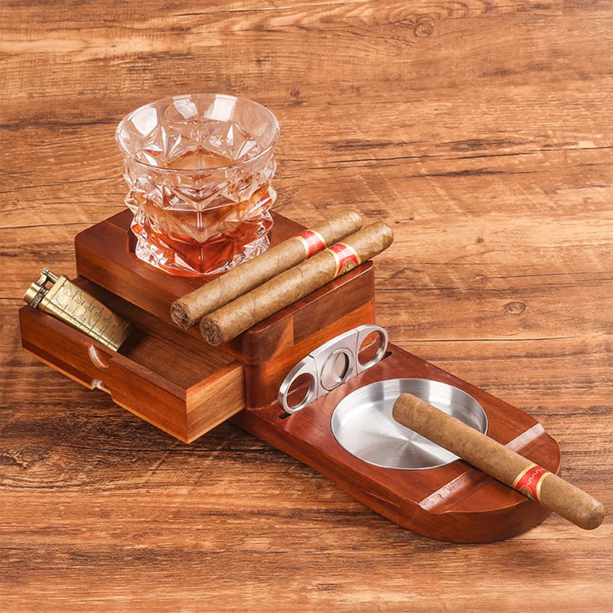 Wooden Cigar Humidor Ashtray Coaster Whiskey Glass Tray Set 4
