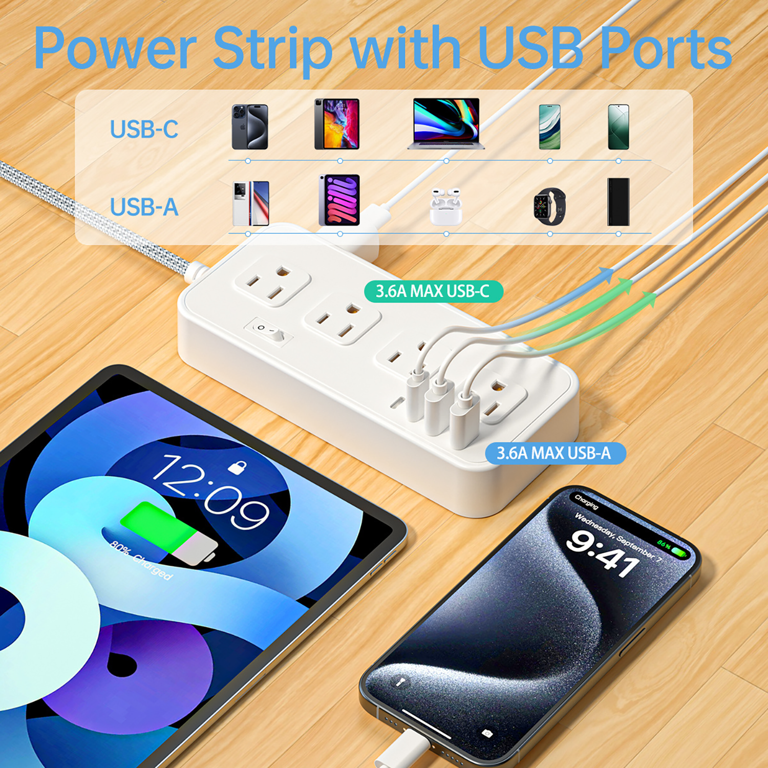 12 in 1 Surge Protector Flat Power Strip 5ft Extension Plug 9