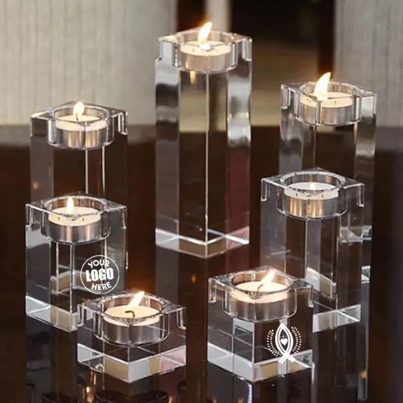 Engraved Square Crystal Tealight Candle Holders 7