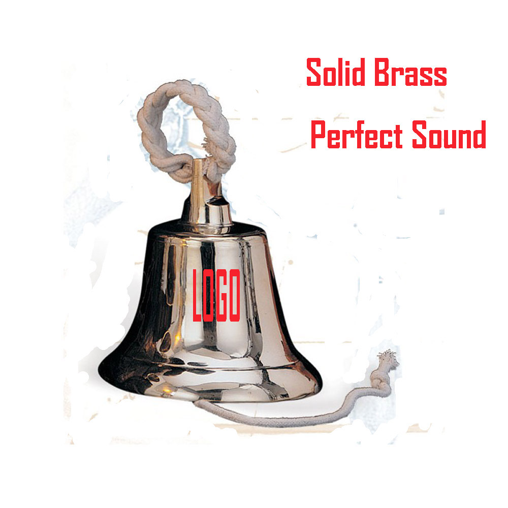 14" JUMBO SOLID BRASS BELL WITH HANGING COTTON BRAIDED PULL ROPE. 2