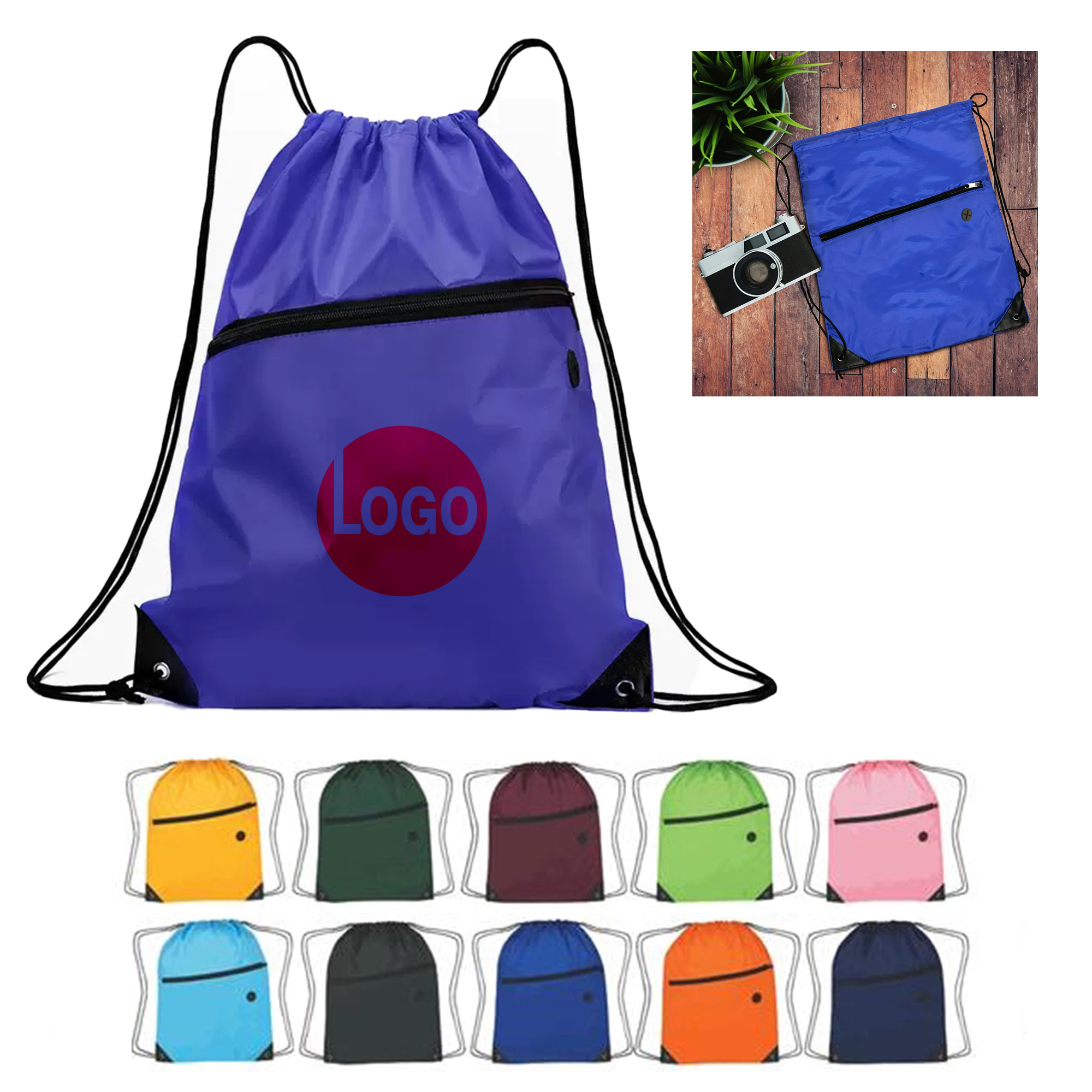 210D Polyester Drawstring Backpack with Zipper and Earbud Slot 7