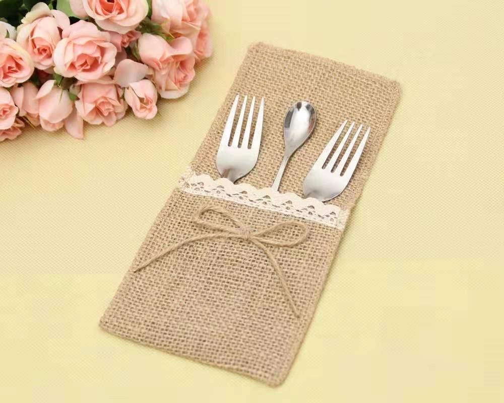 Natural Burlap Lace Cutlery Bag 5