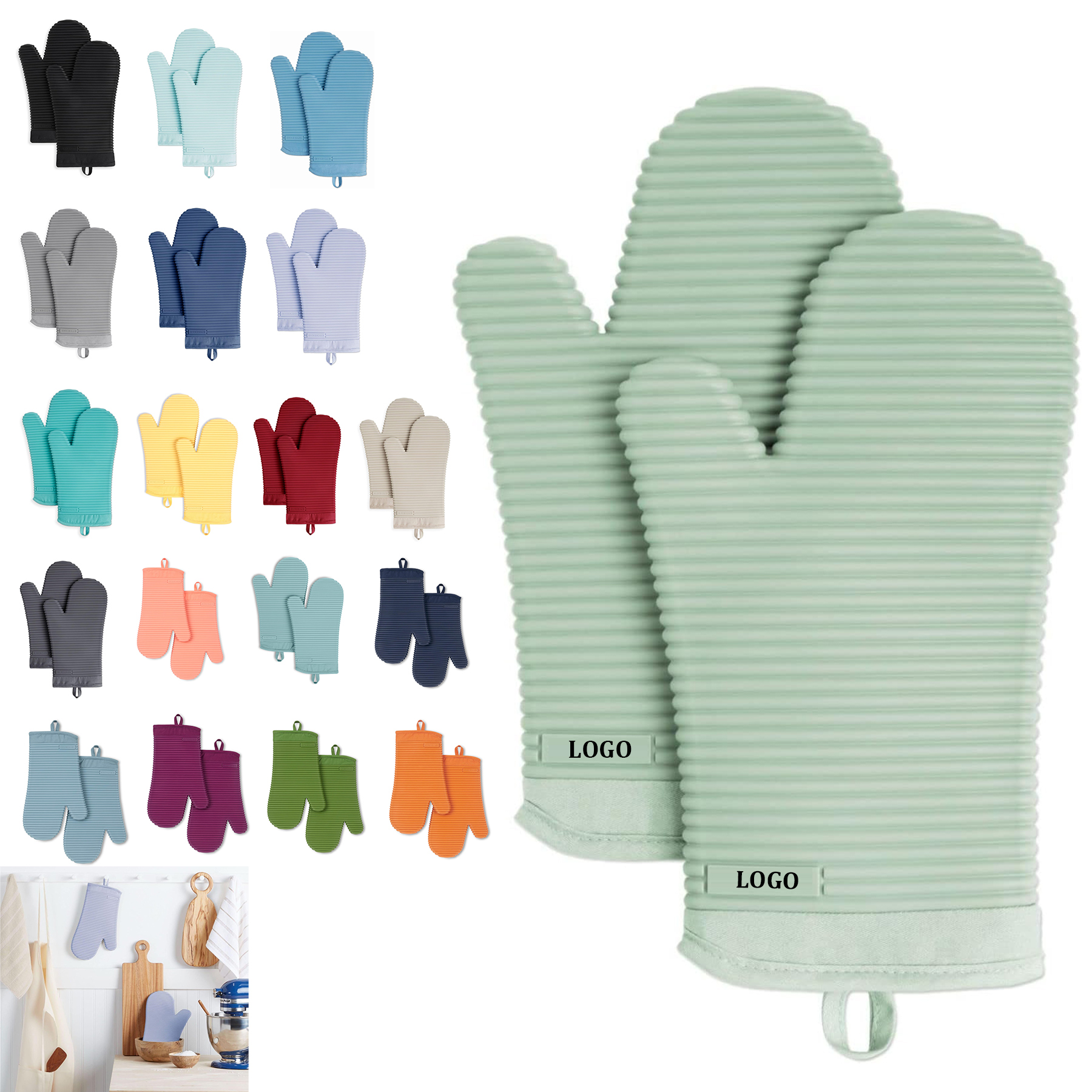 2 Pack Set Ribbed Soft Silicone Oven Mitts 18